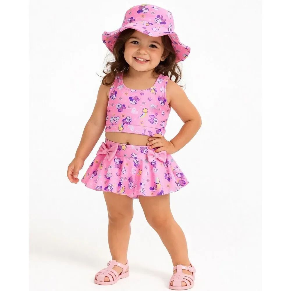 Disney Minnie Mouse Toddler Girl 3PC Swimsuit Set Size 2 Pink Skirted Bikini Hat
